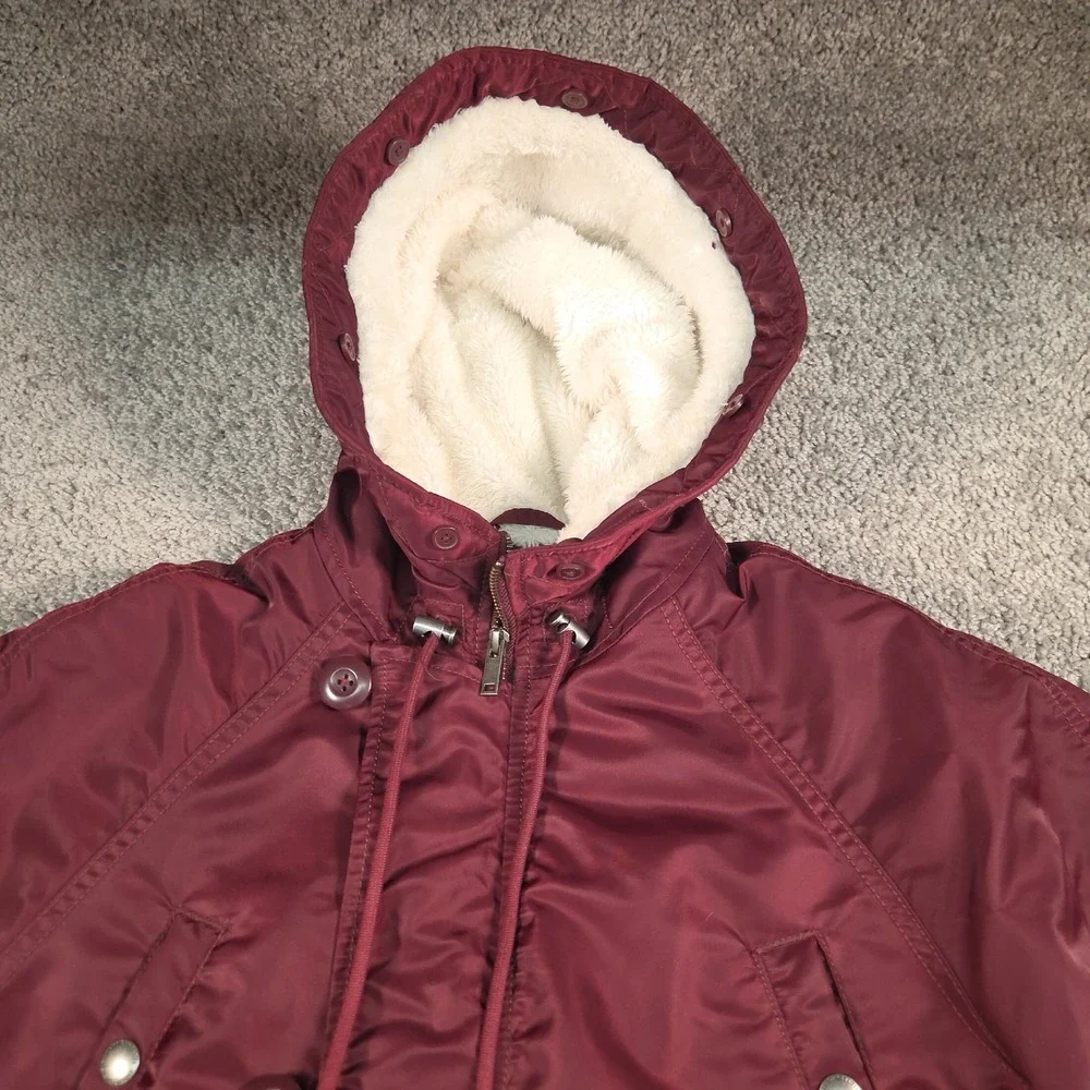 American Eagle Parka Coat Womens S Burgundy Long Faux Sherpa Fur Hood Utility